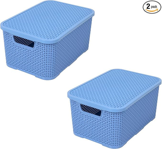 BranQ Home essential Basket with Lid in Rattan Design, Set of 2, Size M, 10 L, BPA-Free Plastic PP, Denim Blue, 28.8 x 19.7 x 16.2 cm, Pack of 2 by Unknown