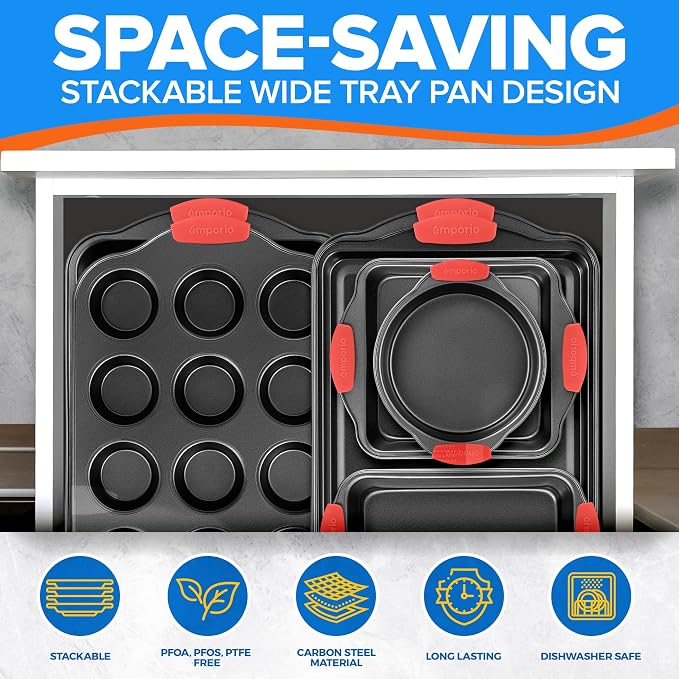 Emporio Kitchen Baking Pan Set - Nonstick Coating, Carbon Steel Bakeware Set with Red Silicone Handles, PFOA, PFOS, PTFE Free, Recipe Booklet Included, Oven Safe Tray (Up To 450° F), Set of 25 - Black - Image 5