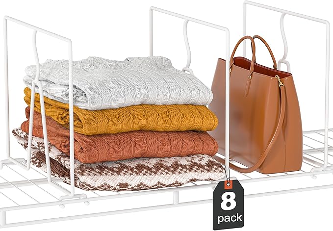 Wire Shelf Dividers for Closet: Tall 10.6in x Deep 12in, 8 Pack | Wire Shelves Organizer for Closet - Adjustable Purse Organizer for Clothes, Sweater, Towels Jeans - Metal Pantry Separators by Saccik