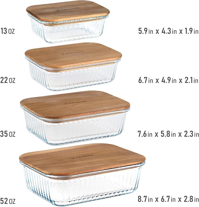 Set of 4 Stackable Space-Saving Nesting Glass Bowls with Airtight Acacia Lids for Lunch, Meal & Food Prep - Microwave & Oven-ready BPA Free Durable Heat Resistant Inert Borosilicate Glass - Image 2