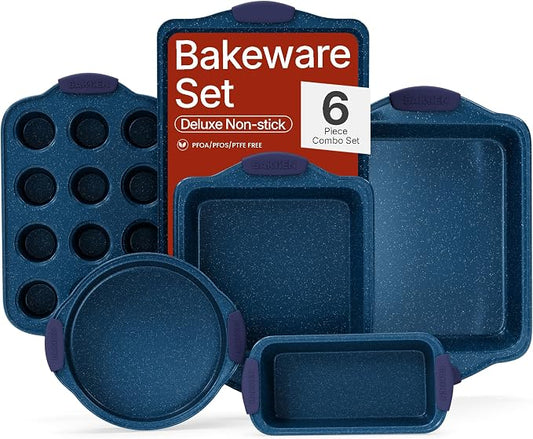 BAKKEN Kitchen Baking Pan Set - Nonstick Coating, Carbon Steel Bakeware Sets with Blue Silicone Handles, Baking Kitchen Essentials, PFOA, PFOS, PTFE Free, Oven Safe Tray (Up To 450° F), Set of 6 by BAKK%C3%8BNMASTER
