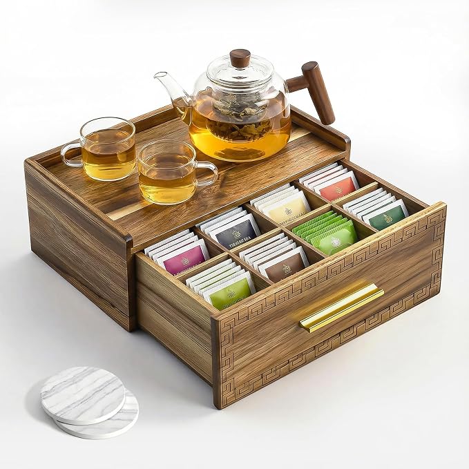 Acacia Wood Tea Bag Organizer with Storage Drawer | 8 Compartments Tea Caddy with Pattern Carving & 2 Ceramic Absorbent Coasters | Wooden Teabag Holder Tea Organizers for Countertop (Acacia) by Unknown