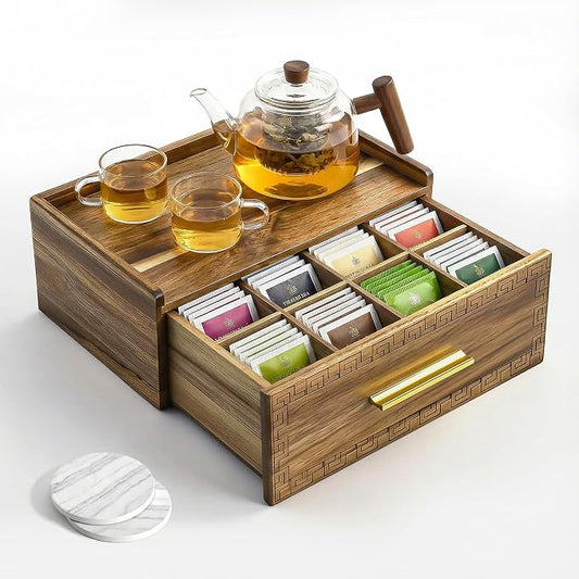 Acacia Wood Tea Bag Organizer with Storage Drawer | 8 Compartments Tea Caddy with Pattern Carving & 2 Ceramic Absorbent Coasters | Wooden Teabag Holder Tea Organizers for Countertop (Acacia) by Unknown