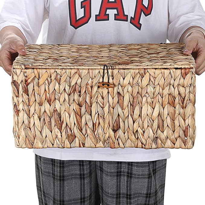 Hipiwe Wicker Storage Basket Bin with Lid, Large Water Hyacinth Baskets Box | Rectangular Decorative Shelf Baskets Bin with Handles Handwoven Household Basket Boxes for Shelf Home Organizing - Image 7