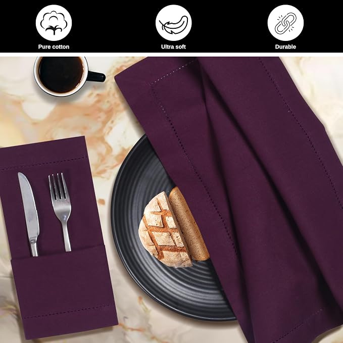 Bedding Craft Hemstitched Cotton Dinner Napkins Set of 12 – 18x18 Elegant Italian Plum – Machine Washable Soft Fabric Napkins for Weddings, Formal Dinners & Daily Dining - Image 7