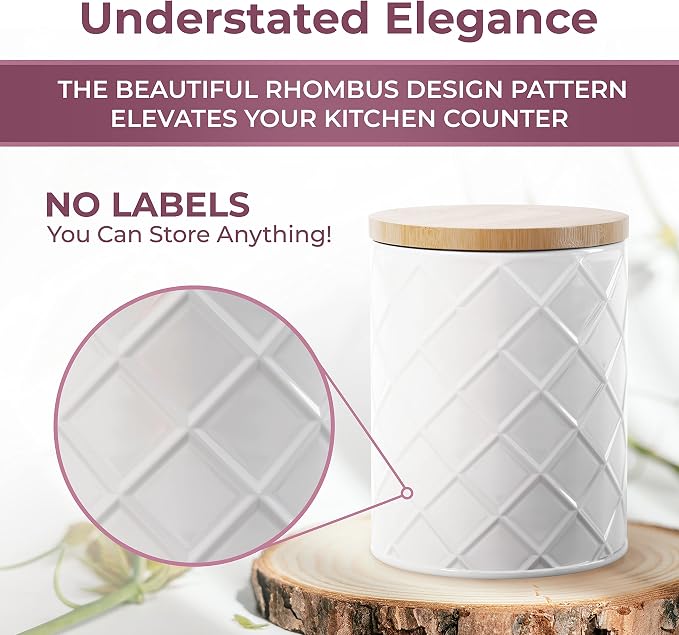 Pebble & Stem® White Metal Canister Set for the Kitchen Counter, Food Canister Set of 4, Airtight Lids, Sugar and Flour Containers for Countertops, Coffee and Tea Storage, Farmhouse Decor - Image 4
