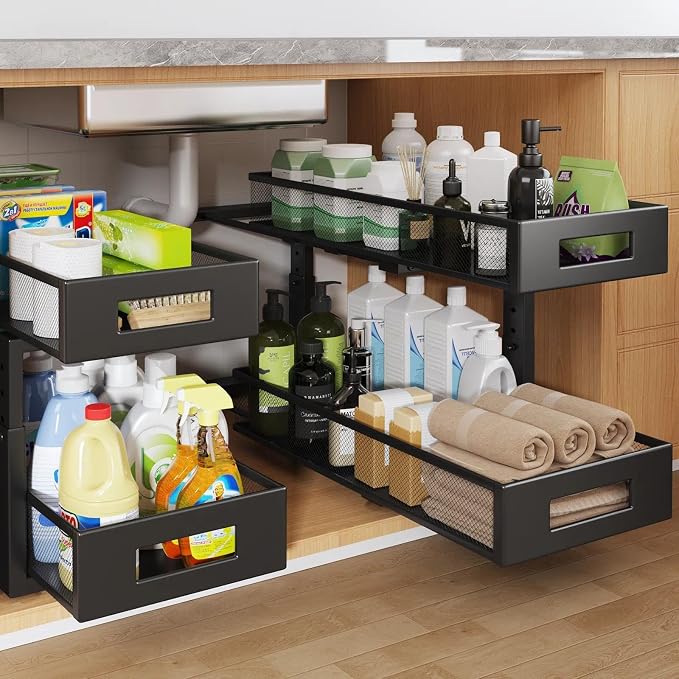 2 Packs 21IN Depth Under Sink Organizer, 2-Tier Pull Out Cabinet Organizer With Smooth Circular Rail, Large Capacity Metal Mesh Sliding Drawers For Bathroom& Kitchen Storage,Height Adjustable-Black by UnderSinkOrganizer