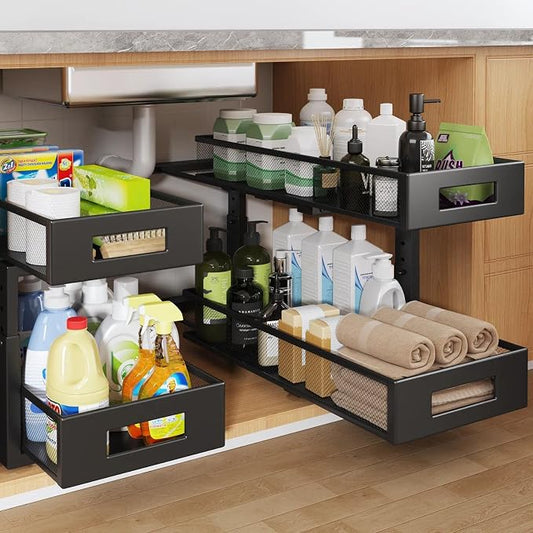 2 Packs 21IN Depth Under Sink Organizer, 2-Tier Pull Out Cabinet Organizer With Smooth Circular Rail, Large Capacity Metal Mesh Sliding Drawers For Bathroom& Kitchen Storage,Height Adjustable-Black by UnderSinkOrganizer
