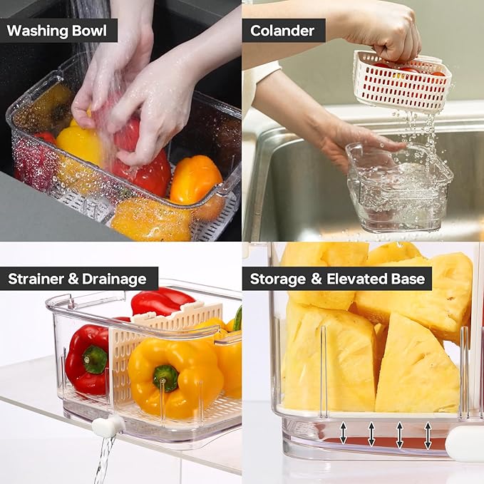 Felli Duo Fresh Produce Saver for Fridge, Fruit Vegetable Container with Vent & Drainage in Bottom for Wash, Colander Strainer Storage Bin for Refrigerator, Berry Lettuce Keeper - Image 4