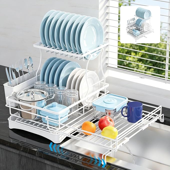 2 Tier Dish Drying Rack, Large Extendable Dish Racks for Kitchen Counter , Dishrack with Drainboard, 2-in-1 Anti-Rust Stainless Steel Dish Drainer with Utensil Holder (White, double of Dish Rack) by Unknown