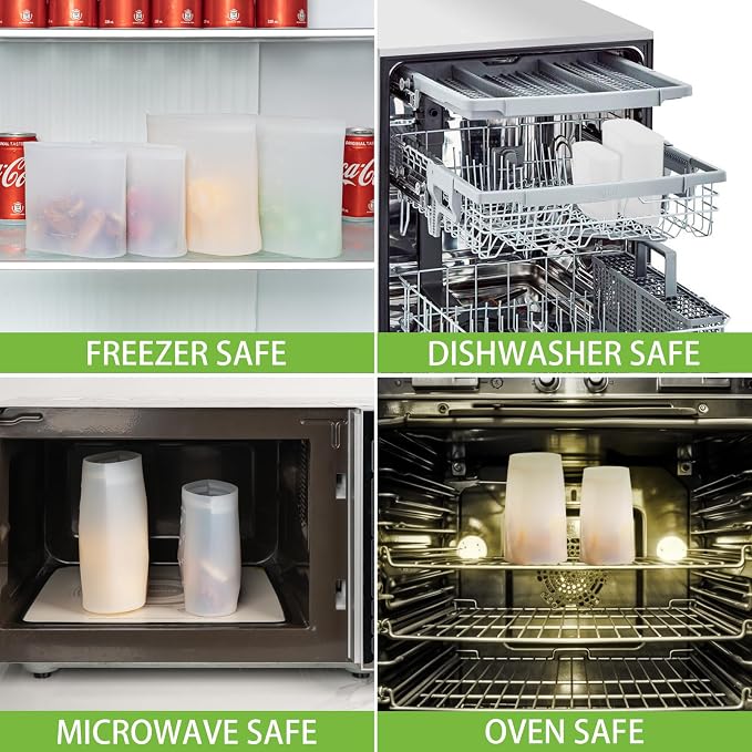 Reusable Sandwich & Snack Bags, 8 Pack 100% Silicone Stand Up Zip Lock Food Storage Bags for Food Container, Freezer Microwave Oven Dishwasher Safe, 4 Small 4 Extra Small, Translucent - Image 6