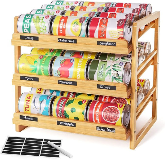 Bamboo Can Organizer for Pantry, 3 Tier Stackable Can Storage | Rolling Can Organizer Pantry with Label Sticker and Marker Pen, Can Holders for Cabinet and Can Rack Organizer by Yumkfoi