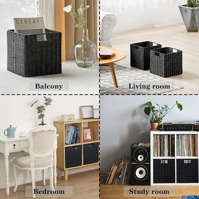 Storage Basket, Set of 2 Hand-Woven Storage Baskets for Organizing with Handles, Foldable Cube Storage Baskets Bins Organizer, 13 inch Large Wicker Baskets for Shelves & Decor, Black - Image 6