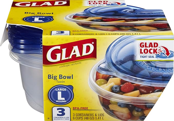 Glad GladWare Big Bowl Food Storage Containers with Lids, Large Round No BPA Plastic Containers for Soups, Salads, and Meal Prep, Lock Tight Seal, Microwave Dishwasher Safe, 48 Oz, 3 Count - 6 Pack | Lock-tight seal for soups, salads, and meal prep in ... - Image 2