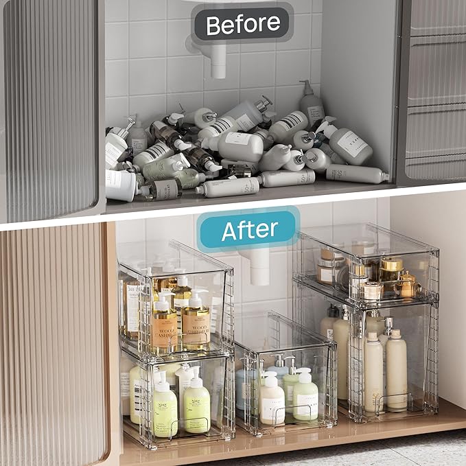 Vtopmart 6 Pack Clear Stackable Storage Drawers,Easy to Assemble Bathroom Organizers and Storage with handles,Plastic Drawers for Kitchen Pantry,Cabinet,Under Sink Organization - Image 5