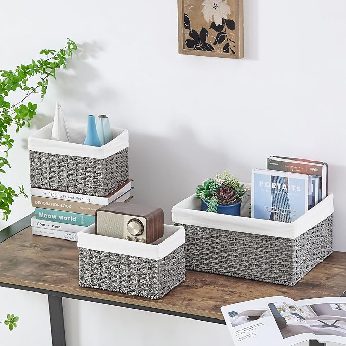Wicker Basket, Set of 3 Hand-woven Storage Baskets for Organizing, Decorative Rectangle Wicker Storage Basket Bins with Handles, Small Toilet Paper Storage Baskets for Shelves & Decor, Grey - Image 7