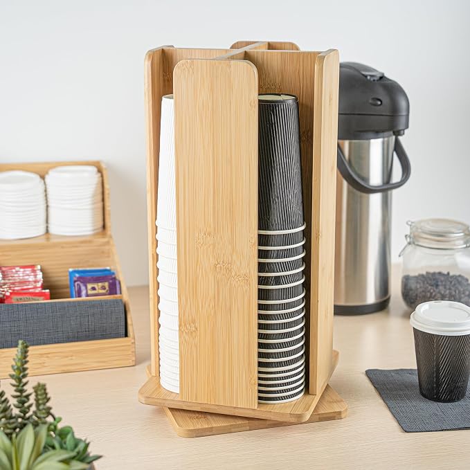 Restaurantware Restpresso 9 x 18 Inch Coffee Cup and Lid Organizer 1 Revolving Cup and Lid Holder - 4 Section Countertop Natural Bamboo Cup and Lid Dispenser For Restaurants Homes or Offices - Image 10