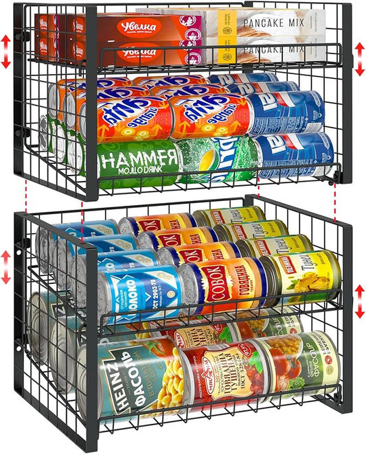 JKsmart 2-Tier Stackable Can Rack Organizer for Pantry, Adjustable Can Dispenser Holds Up to 60 Cans, Can Storage Holder for Various Ounces of Canned Food Soda Drinks, Black, 2 Pack by JKsmart