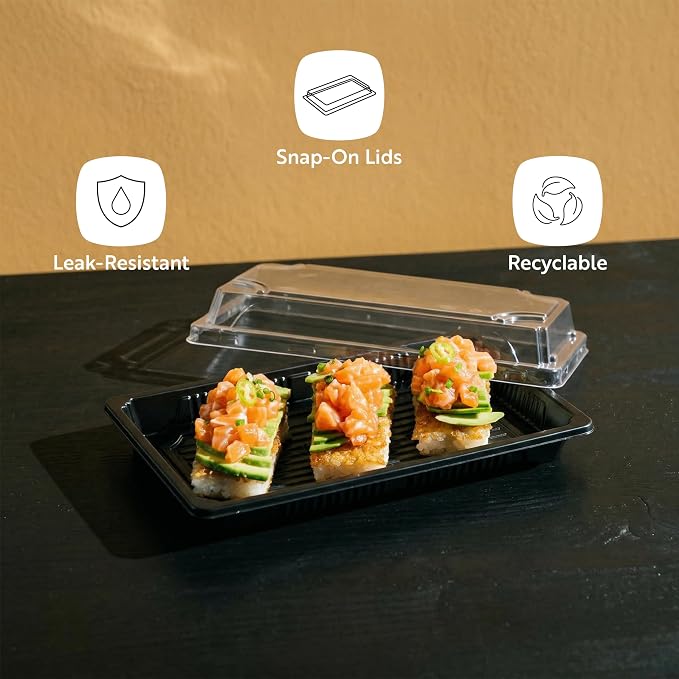 Restaurantware Plastic Sushi Trays 100 Pack of 8.2 x 5.3 x 1.57 Inch With Clear Lids Leak-Resistant Sushi Take Out Boxes Stackable Containers For Grab-And-Go - Image 4