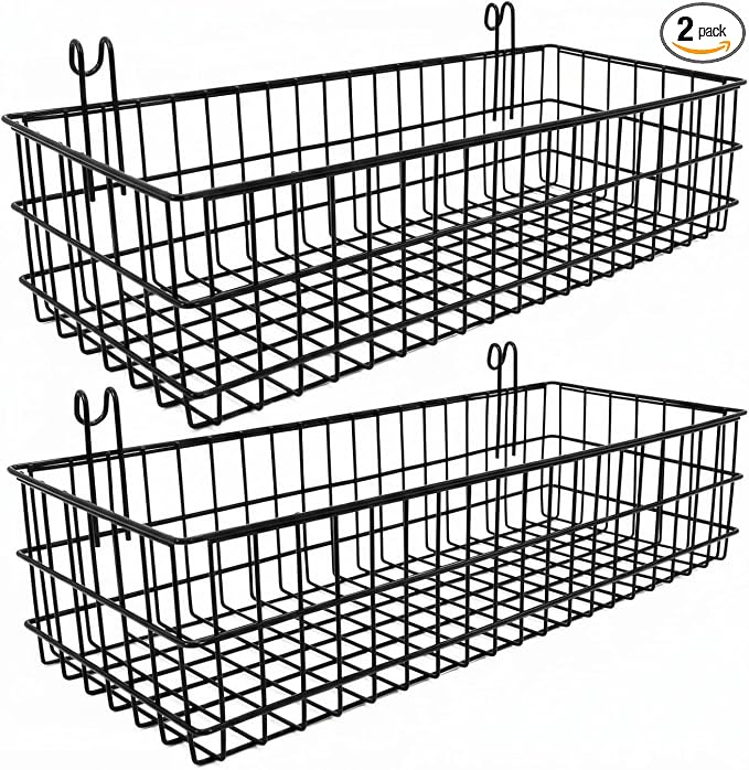Hanging Wall Baskets, 2 Pack 15.7 in Metal Wire Storage, Black | Suits grid panels spaced one to two inches, sturdy organizer for garage, craft room, kitchen & pantry, panel not included by ANZOME