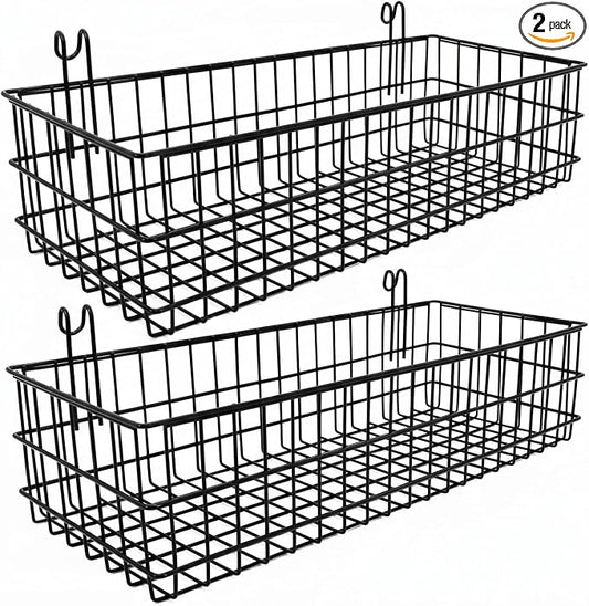 Hanging Wall Baskets, 2 Pack 15.7 in Metal Wire Storage, Black | Suits grid panels spaced one to two inches, sturdy organizer for garage, craft room, kitchen & pantry, panel not included by ANZOME