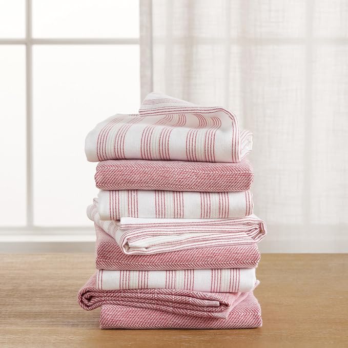 KitchenAid Chambray Stripe Kitchen Towels 8-Pack, Absorbent 100% Woven Cotton, Passion Red/White, 17”x28” - Image 5