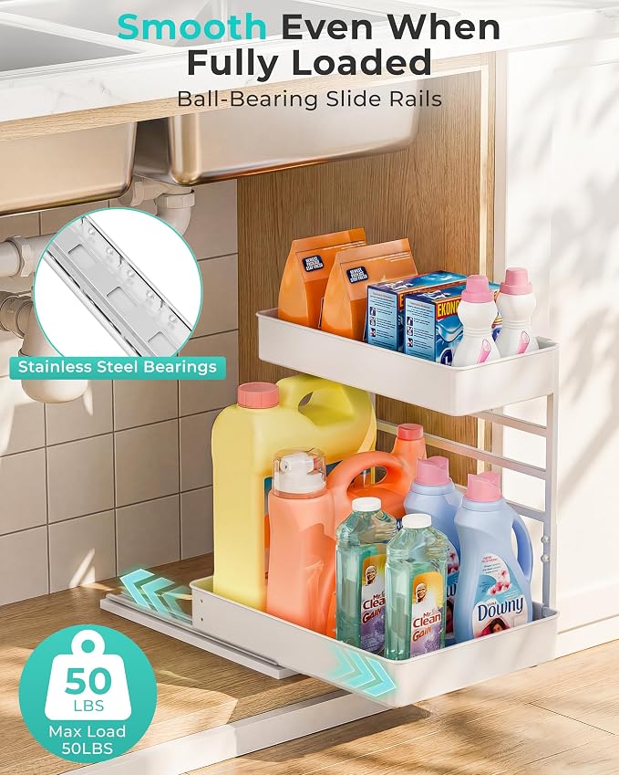 EVERIE Metal Pull Out Slide Shelf Organizer for Framed or Frameless Under Sink CabinetsOrganization in Kitchen, Bathroom, Counter, Cabinets (White, 1 Set) - Image 4