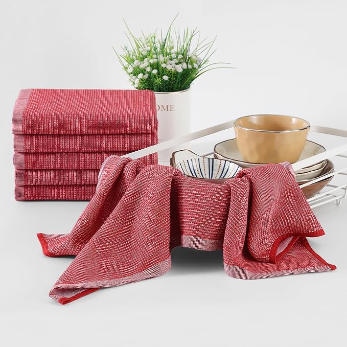 Homaxy 380 GSM Cotton Premium Kitchen Towels 8 Pack, 18"x 28", Red | Flat and Terry Dish Towels, Highly Absorbent Tea Towel Set with Hanging Loop, Soft Utility Kitchen Hand Towels - Image 6