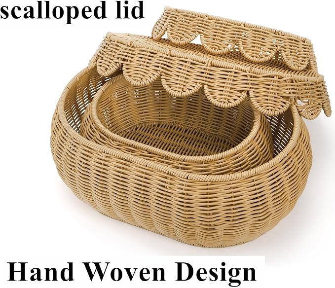 Tebery Set of 2 Wicker Storage Baskets with Lid, Hand Woven Scalloped Basket Boxes for Shelf, Sturdy Rattan Storage Bin Organizer for Home Decoration, Display - Image 3