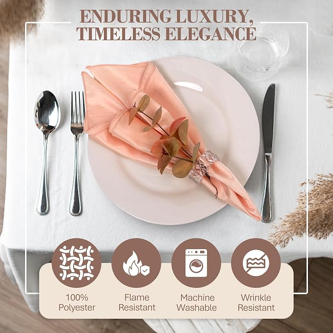 17x17-Inch Shantung Cloth Napkins, Ice Peach, Set of 120 | Bulk Case of 10 Dozen, Satin, Square, 100% Polyester Fabric, Reversible, Faux Dupioni Silk Reverse Side, Machine Washable - Image 3