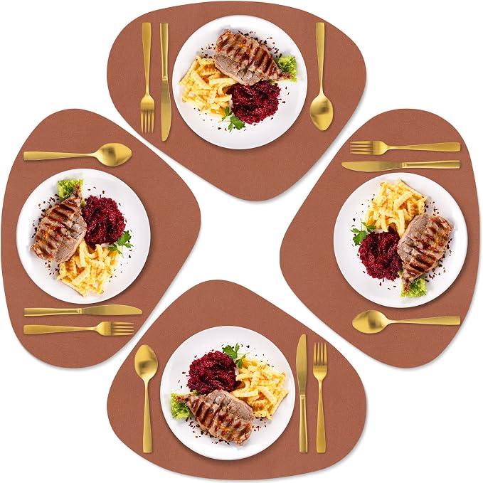 Faux Leather Placemats Set of 4, Wipeable & Washable Table Mats | Waterproof, Heat-Resistant & Easy to Clean Round Place Mats for Dining & Kitchen, 17''x13'', Brown by Delicateandelegantplacemats