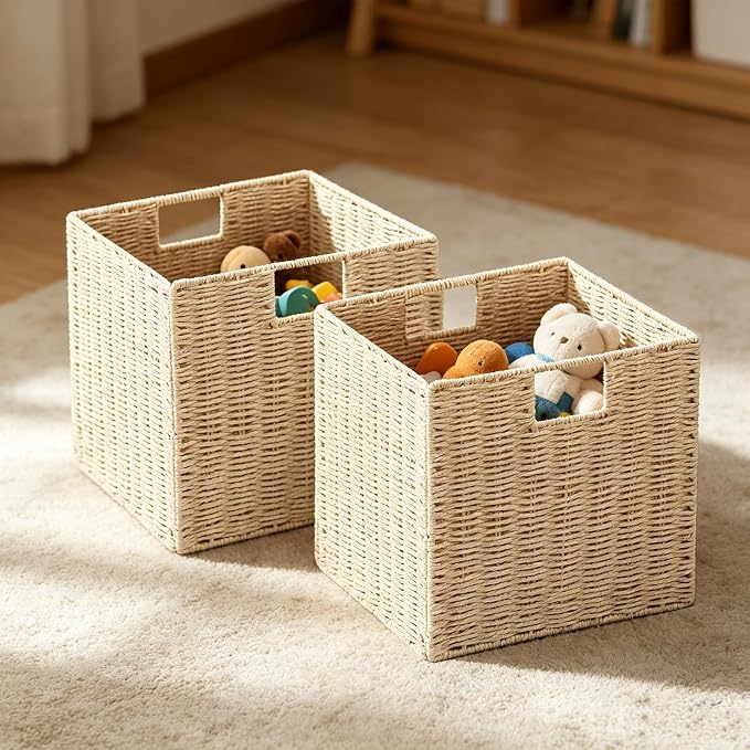 Wicker Storage Basket, Set of 2 Hand-Woven Paper Rope Storage Baskets, Foldable Cube Storage Organizer Bins, 11 Inch Wicker Storage Baskets for Shelves and Decor, Square Storage Basket, Beige - Image 3