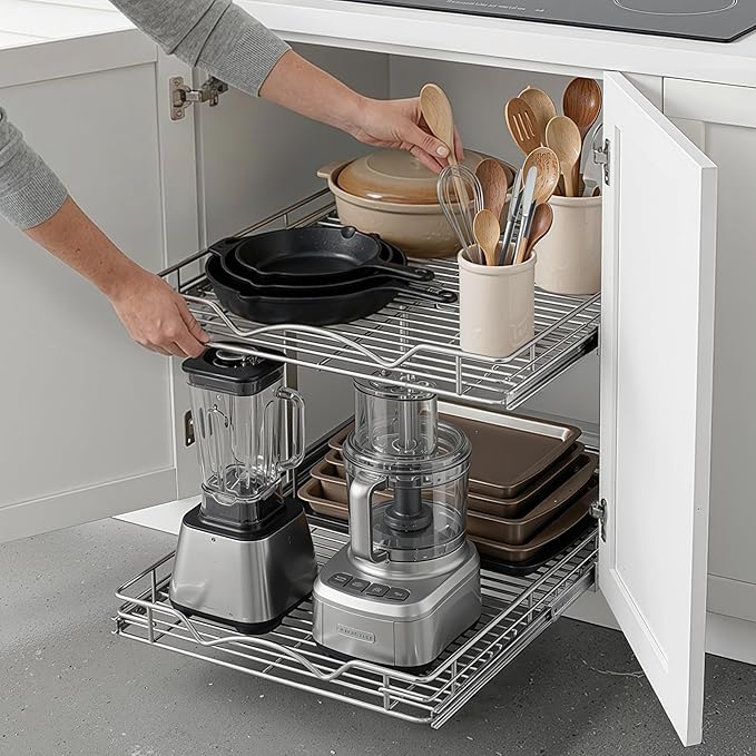2-Tier Pull-Out Cabinet Organizer for Kitchen, 24" W x 21”D x 16.5" H | Full-Extension Sliding Shelves, Holds 100 lbs, Easy Install for Kitchen, Pantry & Under Sink Cabinets - Image 2
