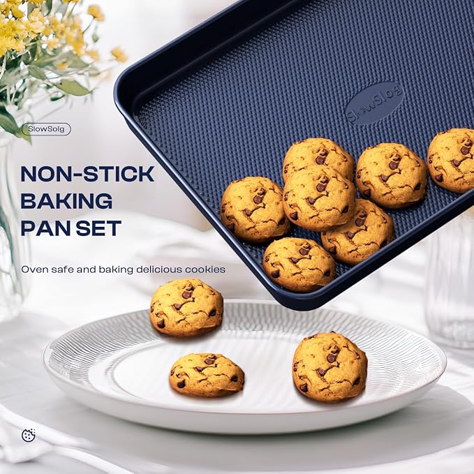 12-Piece Ceramic Coated Nonstick Baking Set, Oven Safe Bakeware - Blue | Bakeware Set Including Cake Pan, Muffin Tray, Loaf Pan, Square Pan, Roaster, Cookie Sheet, Cooling Rack and Baking Utensils - Image 3