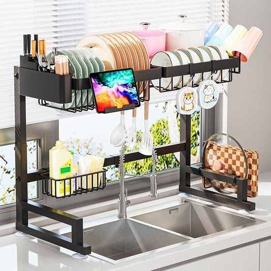 ADBIU Over The Sink Dish Drying Rack (Expandable Height and Length) Snap-On Design 2 Tier Large Dish Rack by ADBIU