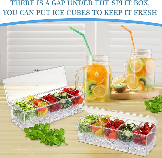 2 Pieces 5 Chilled Condiment Server with Hinged Lid Condiment Tray with Ice Chamber Cooled Compartment Container Caddy Organizer Removable Dishes for Salad Fruit Cheese Outdoor Party Bar Supplies - Image 3