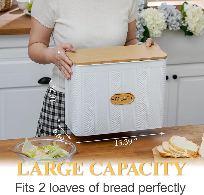 Extra Large Diagonal Stripe Embossed Bread Box with Bamboo Lid | Corner Breadbox for Homemade Bread, White Metal Bread Storage Container Bin for Kitchen Countertop, Fits 2 Loaves of Bread - Image 2
