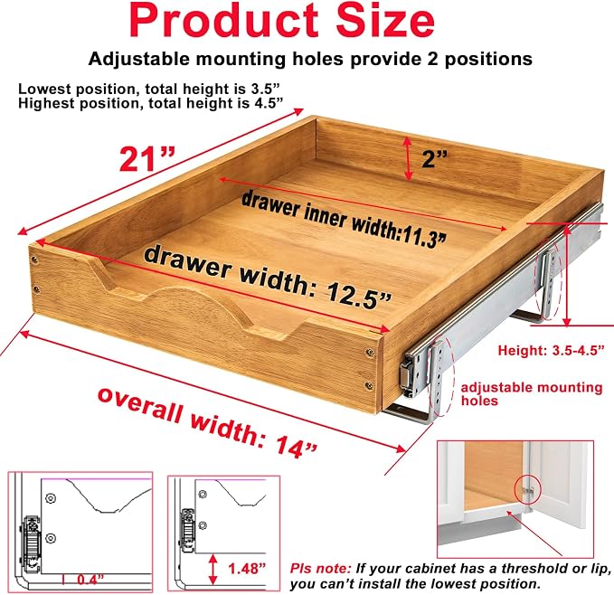 DINDON 1 Tier Pull Out Cabinet Organizer (14" W x 21" D) Single Tier Heavy Duty Sliding Wood Drawer Under Cabinet Shelf Organization Storage - Image 2