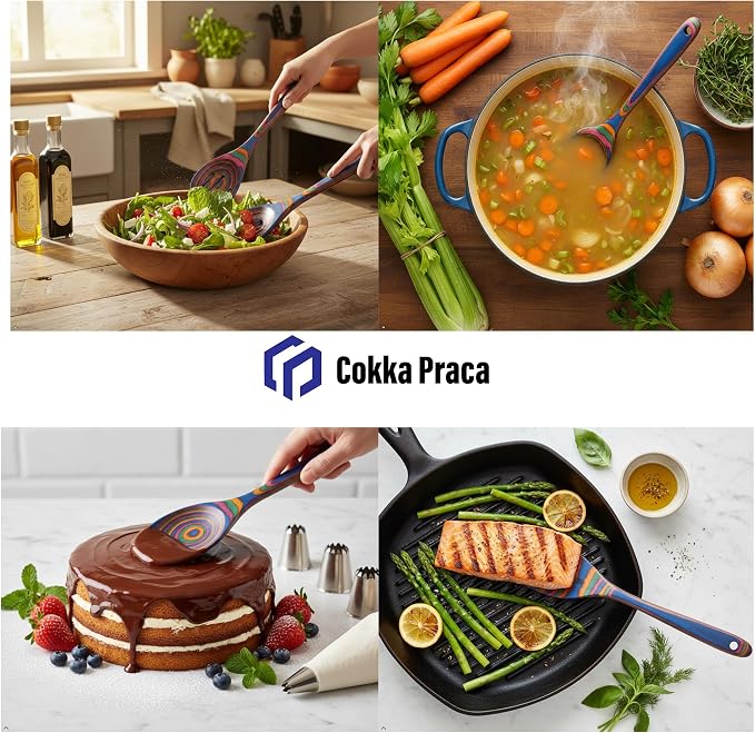 6-Piece Pakkawood Kitchen Utensils | Heat Resistant Wood Kitchen Utensils | Pakkawood Kitchen Cooking Utensil Set | Wooden Spoons for Cooking | Non-Sitck Cooking Spoons | Sapphire - Image 2