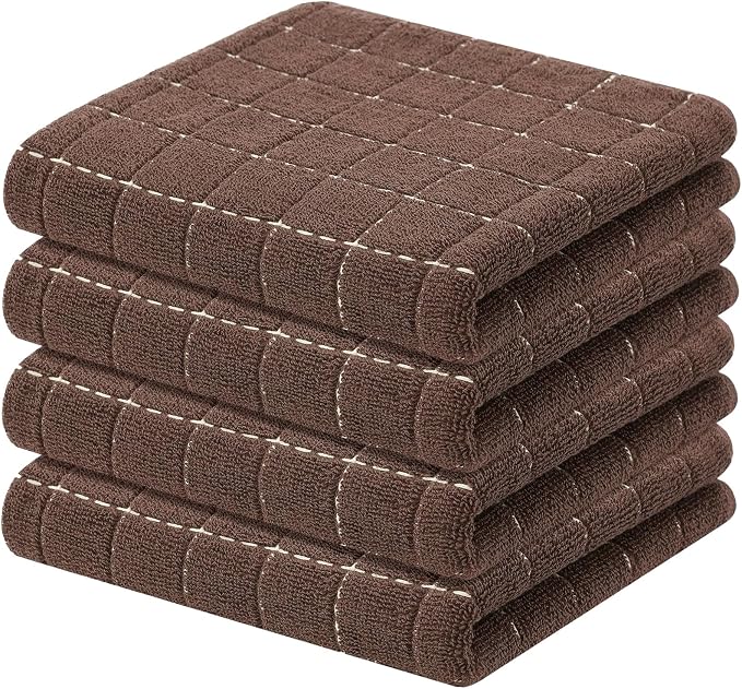 Kitinjoy 100% Cotton Terry Kitchen Towels, 13”x 28”, 4-Pack, Brown | Checkered Designed, Ultra Soft Absorbent Quick Drying Dish Towels by Kitinjoy