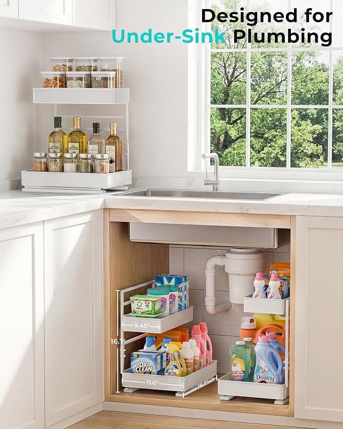EVERIE Height Adjustable 2 Tier Metal Pull Out Slide Shelf Organizer for Framed or Frameless Under Sink Cabinets in Kitchen, Bathroom, with Snap-on Top Tray (White, 2 Sets) - Image 6