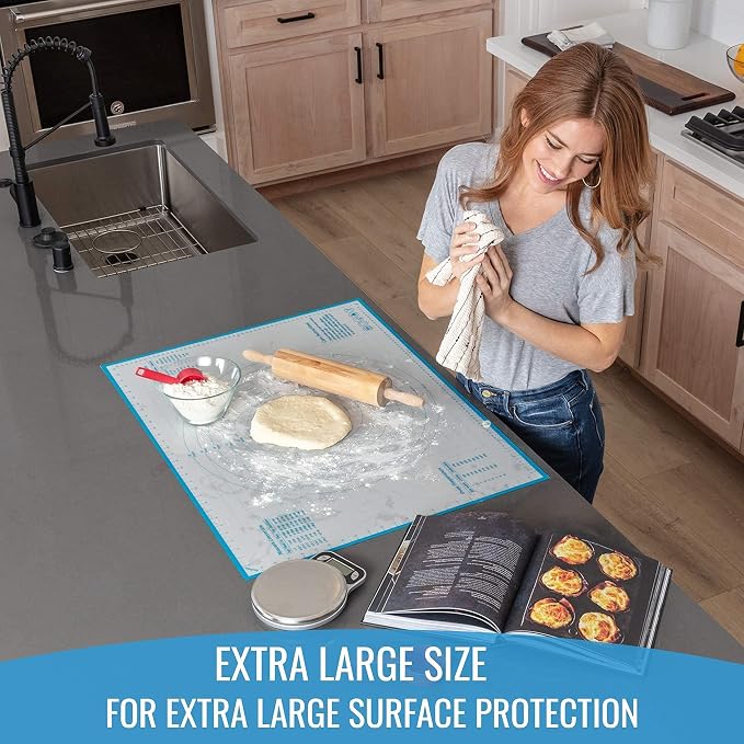 Silicone Pastry Mat and 4-Piece Liquid Measuring Cups Set - Extra Large Baking Mat For Rolling Out Dough - 100% Silicone & BPA Free - Includes Mini Ounce, 1, 2 and 4 Plastic Cup Sizes - Image 4
