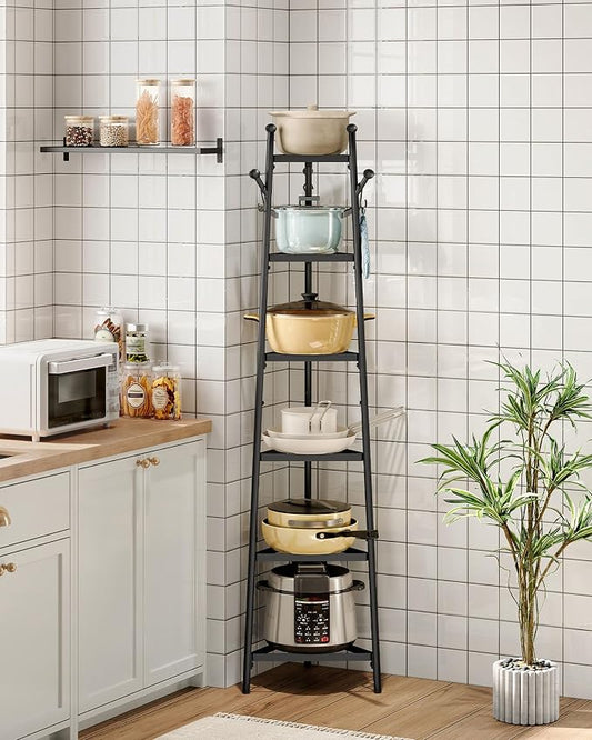Pot Racks, 6-Tier Cookware Stand, Triangle Shelf Storage Tower for Kitchen, Pans Pots Storage Rack, Metal Wire Shelf Organizer, Corner Shelf, for Kitchen, Living Room, Black TPR15BB by Choezon
