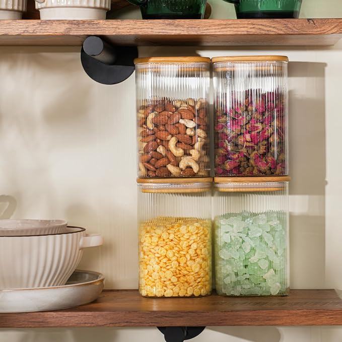 D2scrma 37oz Airtight Glass Square Storage Canisters with Bamboo Lids Set of 4 (1100ml) Striped Stackable Containers, Decorative Kitchen Jars for Tea, Nuts and Coffee (‎with Black Lable) - Image 7