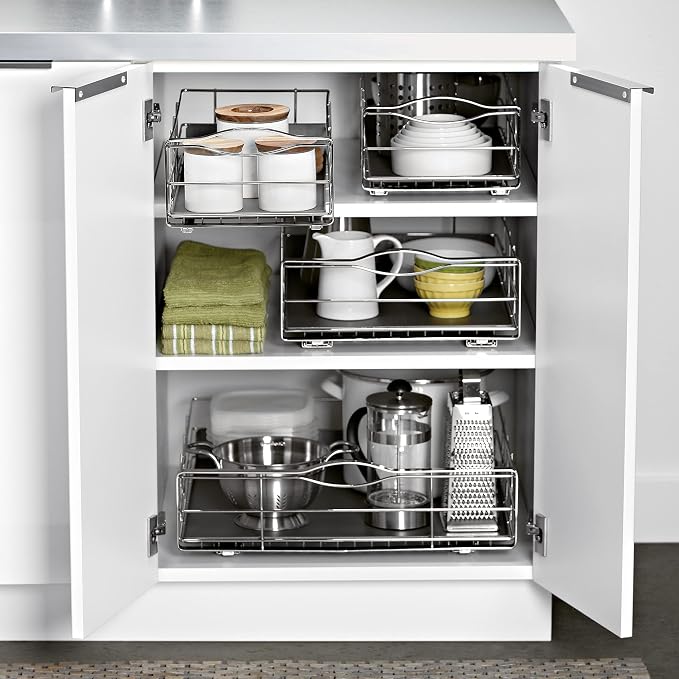 simplehuman 9-Inch Pull-Out Cabinet Organizer, Under Cabinet Sliding Drawer for Kitchen Bathroom, Heavy-Gauge Steel Frame, Removable Drip Guard, Ball-Bearing Tracks, Grey Plastic - Image 4