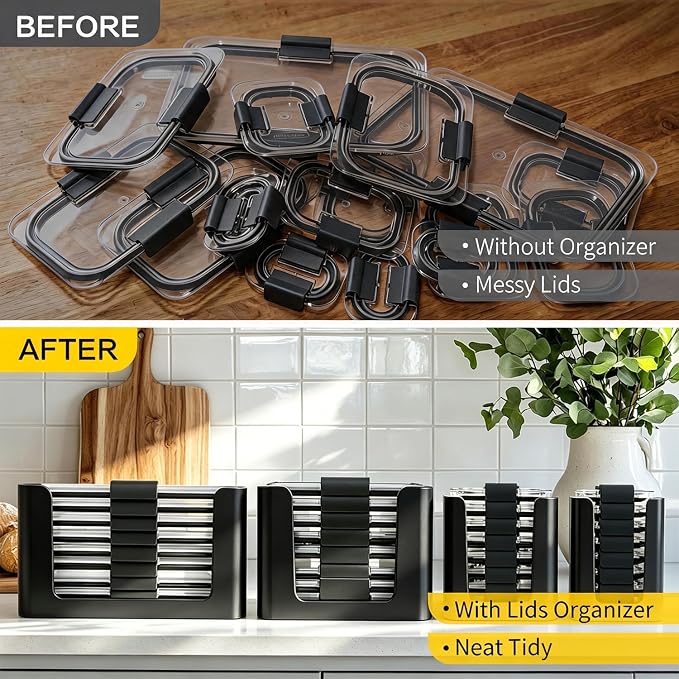 Lids Organizer for Rubbermaid Brilliance,Fits 9.6,4.7 & 3.2,0.5,1.3 Cups | Food Storage Container Lids Organizer for Rubbermaid Brilliance Nap-On Lids,Stackable Lid Organizer--Holds 32 Lids - Image 6
