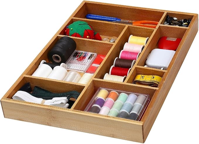 YBM Home Bamboo Junk Drawer Organizer with 9 Compartment Organization Tray for Sewing, Craft, Office, Bathroom and Kitchen Storage, 337 by YBMHome