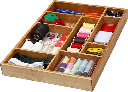 YBM Home Bamboo Junk Drawer Organizer with 9 Compartment Organization Tray for Sewing, Craft, Office, Bathroom and Kitchen Storage, 337 by YBMHome