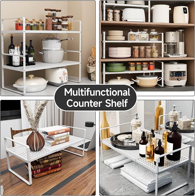 Expandable Cabinet Shelf Organizers, 16.5"~27''L, White | Adjustable Metal Spice Rack Organizer, Stackable, Kitchen Counter Storage, 10.2" W x 9.6" H - Image 6