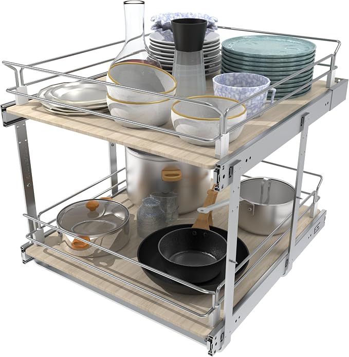 2 Tier Pull Out Cabinet Organizer 20.08" W X 22" D, Wood & Chromed | Full Slide Out Drawers For Kitchen Cabinets, Cabinets Capacity Heavy Duty Caddy, Cabinet Pullout Shelves , Pantry Storage - Image 7